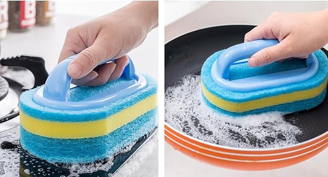 KOKSI 2-Piece Cleaning Brush for Bathroom Kitchen Bathtub Toilet Cleaner All Purpose Shower Sponge Scrubbing Brush with Ergonomic Handle