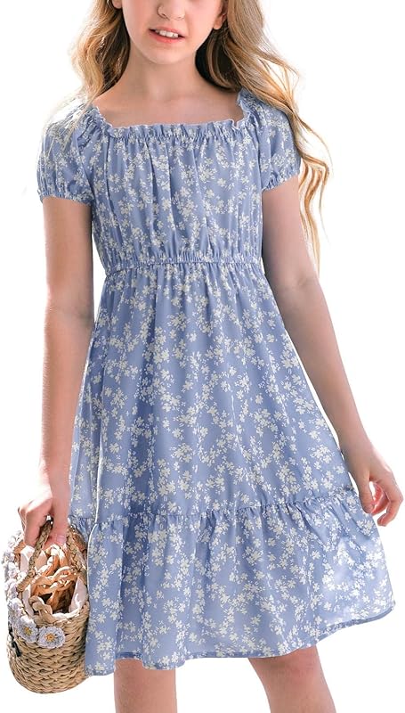 Haloumoning Girls' Dresses Square Neck Floral Dress Dresses Summer Puff Sleeves A-line Midi Dress Kids Party Dress