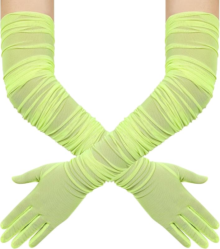 Hazhlko Women's Super Long Stretchy Ruched Mesh Tulle Sheer Gloves Costume Opera Party 1920's Dance Gloves