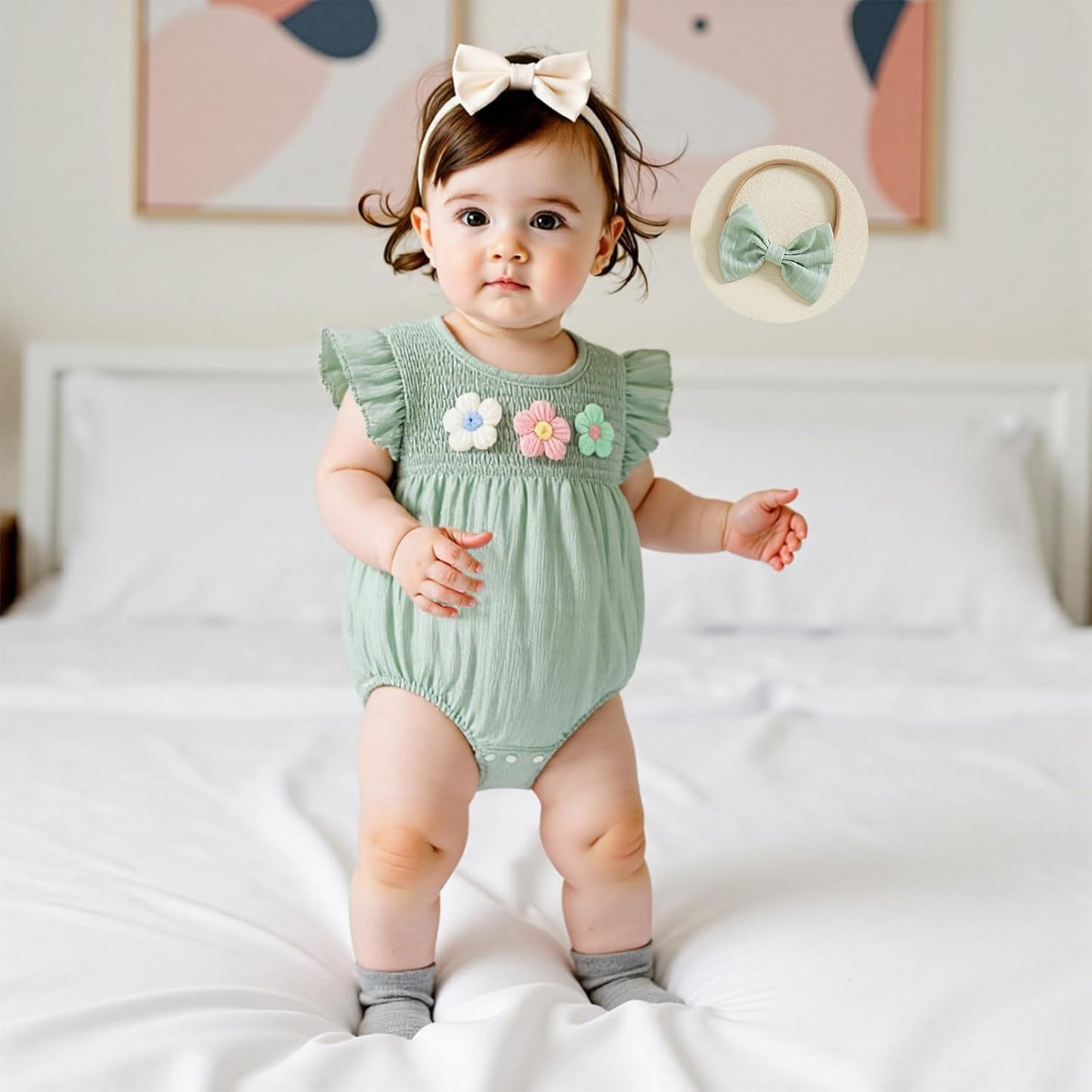 Newborn Baby Girl Outfits Cute 3D Knit Floral Summer Clothes Infant Fly Sleeve Bubble Romper Headband Clothing