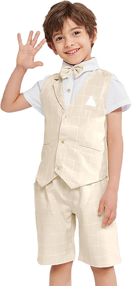 Summer Boys Suit Dress Clothes Kids Wedding Ring Bearer Outfit 4Pcs Shirt Vest Shorts Set