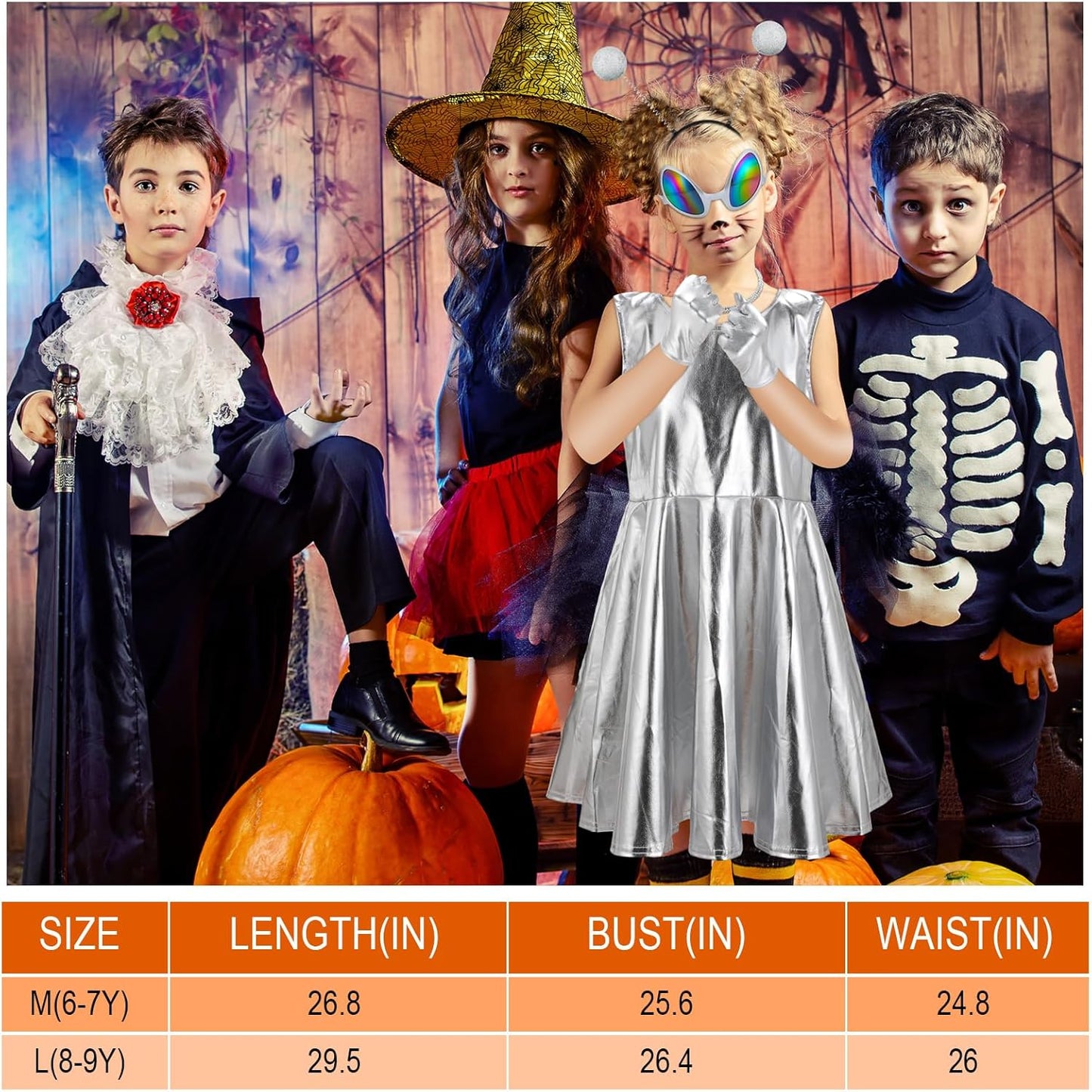 Xtinmee 5 Pcs Halloween Alien Costume Set Metallic Dress Sunglasses Necklace Headband for Girls Kids