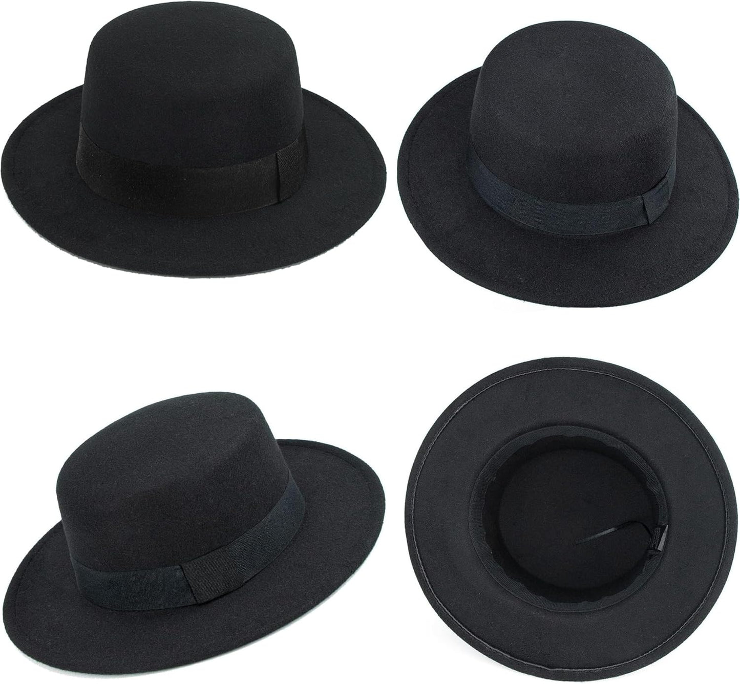 Classic Black Flat-Top Fedora Hat Wide-Brim Pork-Pie Hat Boater Hat Church Dery Cap for Women Men