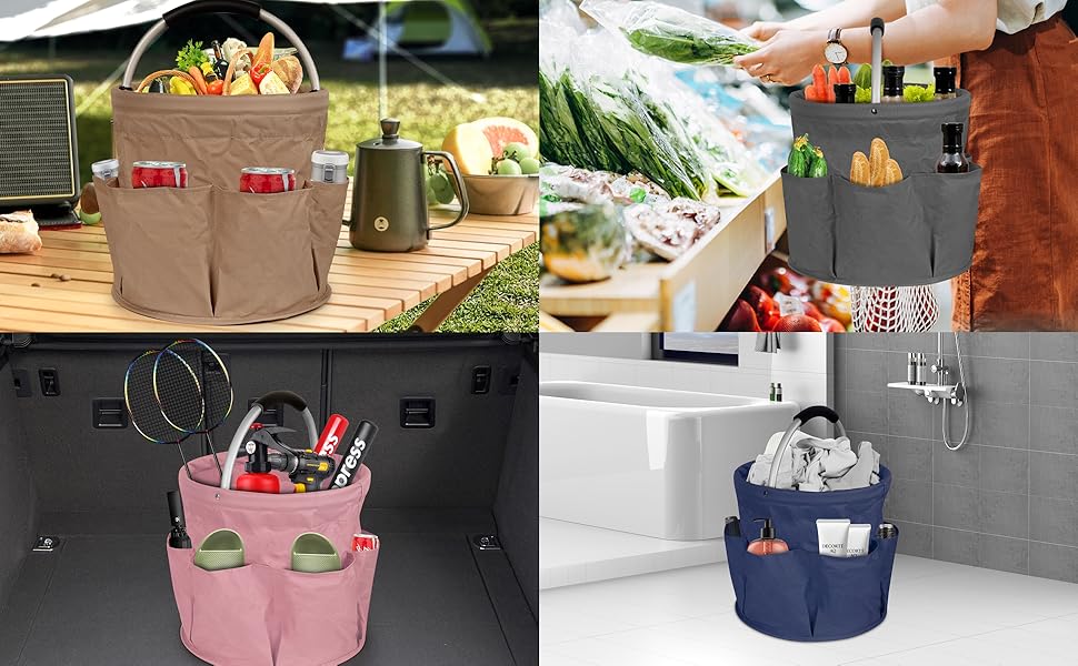 Collapsible Basket with Handles: Portable Picnic, Beach, Garden Harvest， Market Shopping Basket, Home Storage, Bathroom Organizer（Green）