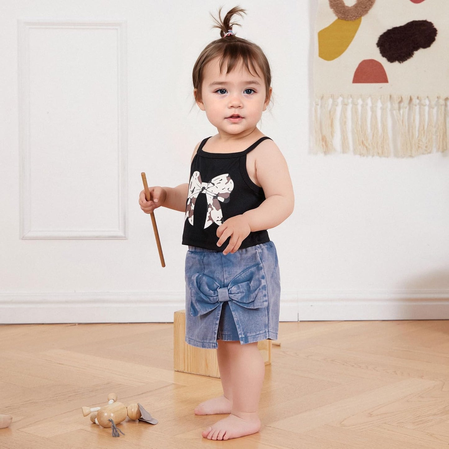 Emmababy Toddler Girls Denim Shorts Set Ribbed Crop Tank Top Sleeveless Bow Jean Shorts Skirt Western Baby Summer Clothes