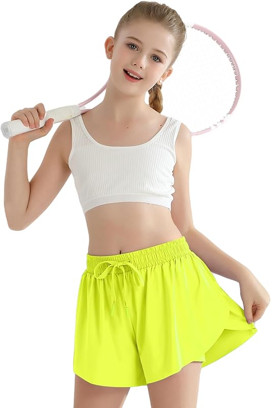Girls Flowy Athletic Shorts with Pocket Kids Spandex 2 in 1 Drawstring Butterfly Skorts for Cheer, Dance, Running