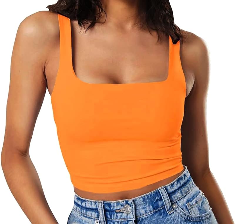 Artfish Women's Sleeveless Strappy Tank Square Neck Double Layer Workout Fitness Casual Basic Crop Tops