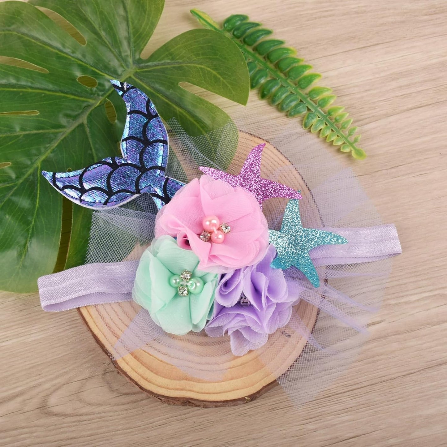Kids Girls Mermaid Tutu Dress Outfit Fly Sleeve Tulle Patchwork A-line Dress with Headband