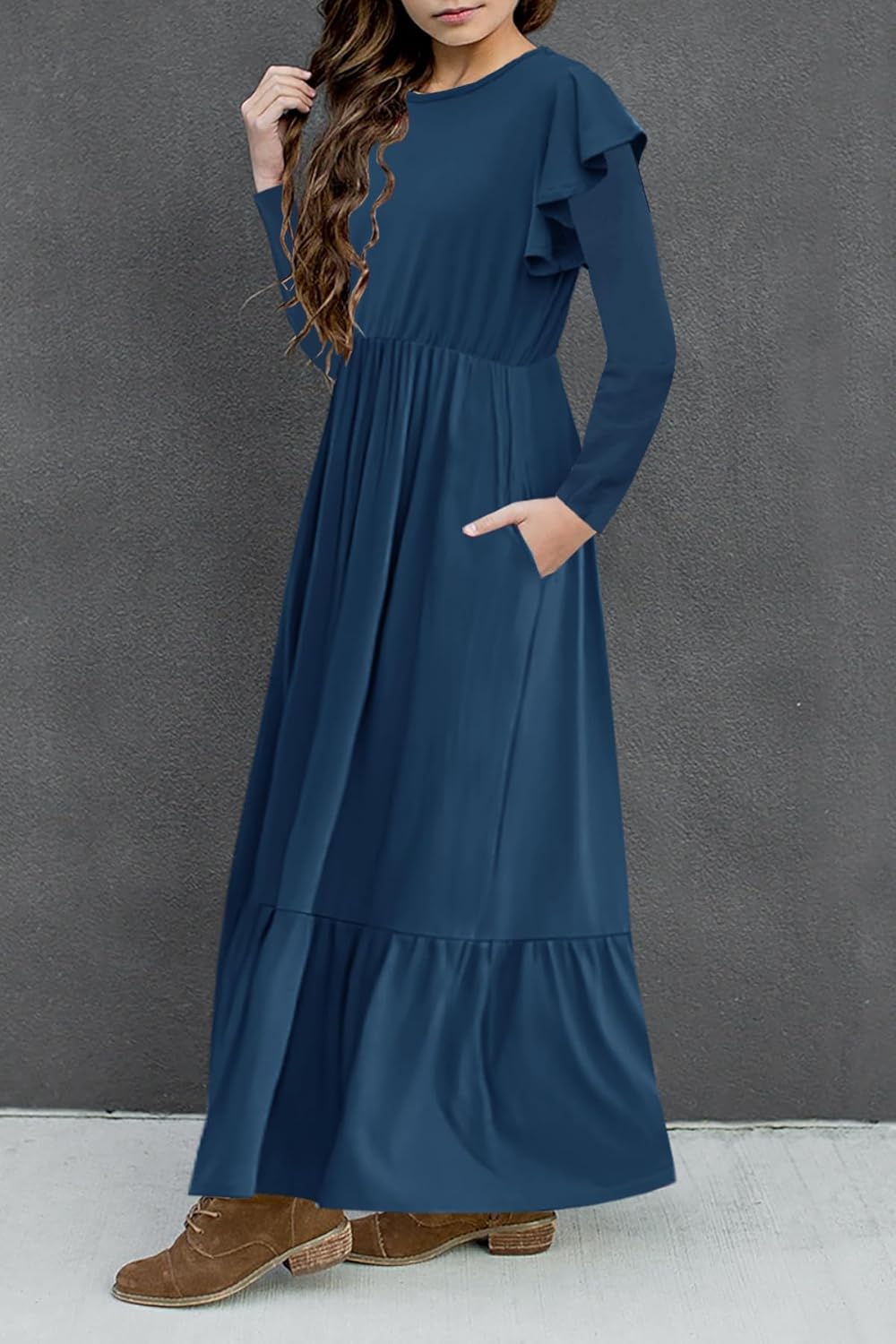 HOSIKA Girls Fall Ruffle Long Sleeve Crew Neck Loose Casual Flowy Tiered Maxi Dress with Pockets for 6-12 Y
