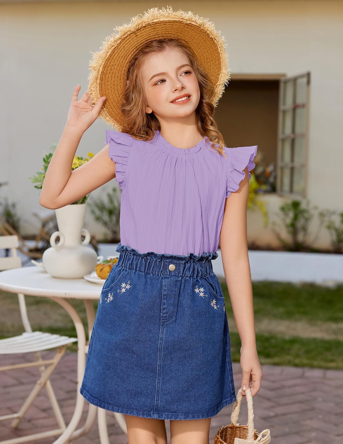 Arshiner Girls Ruffle Short Sleeve Shirts Cute Summer Frill Neck Pleated Textured Blouse Tops