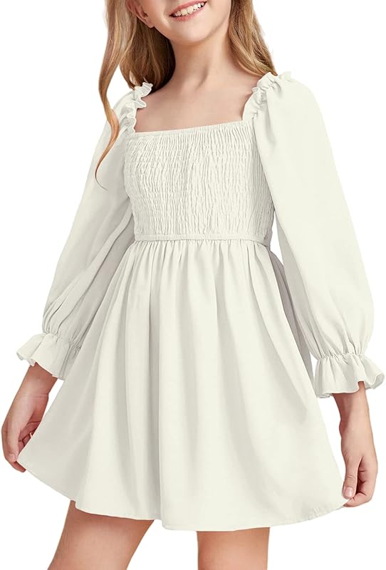 Little Girls Kids Summer Chiffon Ruffle Mini Dress Square Neck Lantern Sleeve Short Dress Tulle Smocked