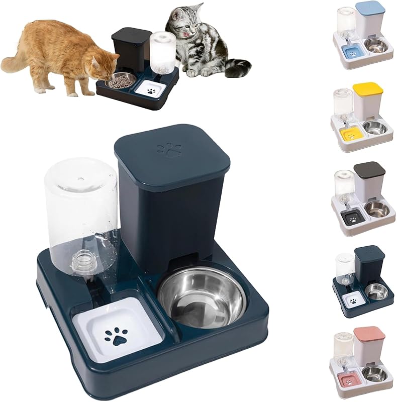 Automatic Pet Feeder, Cat Food and Water Bowl Set, Removable 2 in 1 Feeder and Waterer Set, This Two-Piece Set is Suitable for Pet Feeding, Including Small and Medium-Sized Dogs, Kittens (Dark Blue)