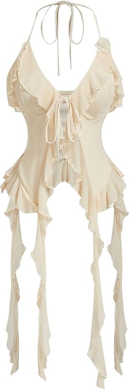 WDIRARA Women's 3D Flower Tie Front Ruffle Trim Halter Top Tie Backless Camisole