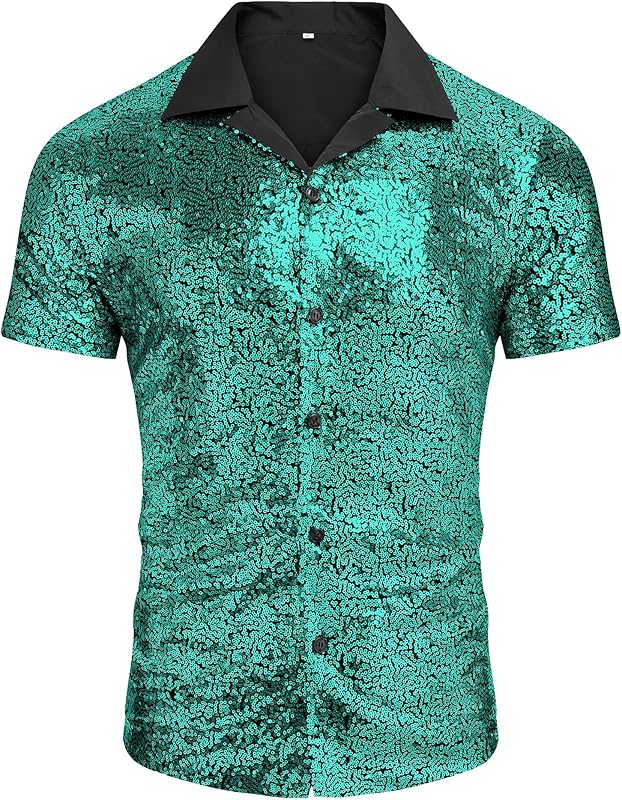 AstoSeu Men's Sequin Dress Shirt 70s Disco Costume Sparkle Party Short Sleeve Button Down Shirts