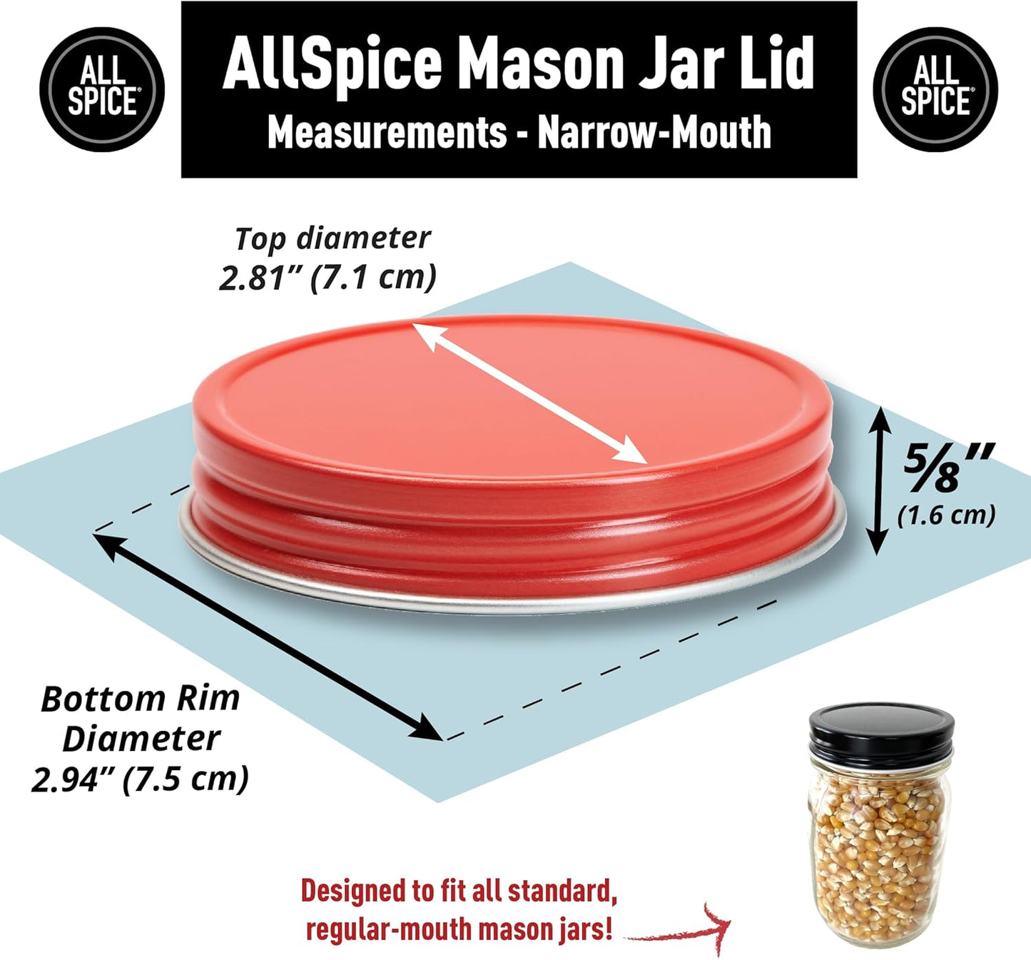 AllSpice Rust-Proof Narrow Mouth Aluminum Metal Mason Jar Lids Leak-Proof 12-Pack (Red Narrow)