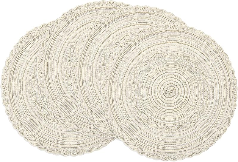 SHACOS Round Braided Placemats Set of 4 Round Table Mats for Dining Tables 15 inch Washable Kitchen Table Place Mats Indoor (Beige, 4)