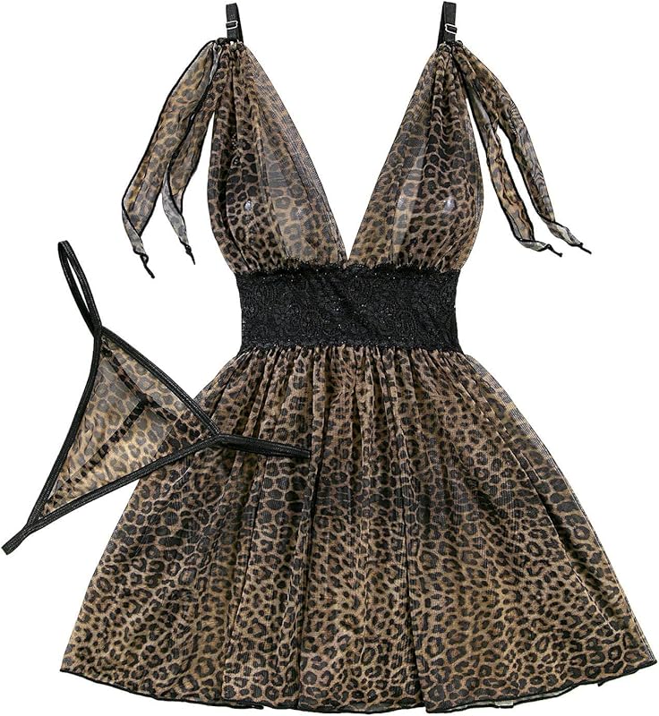 Lilosy Sexy Polka Dots Mesh Sheer Lace Babydoll Chemise Lingerie Set Floral Lace Sleep Wear