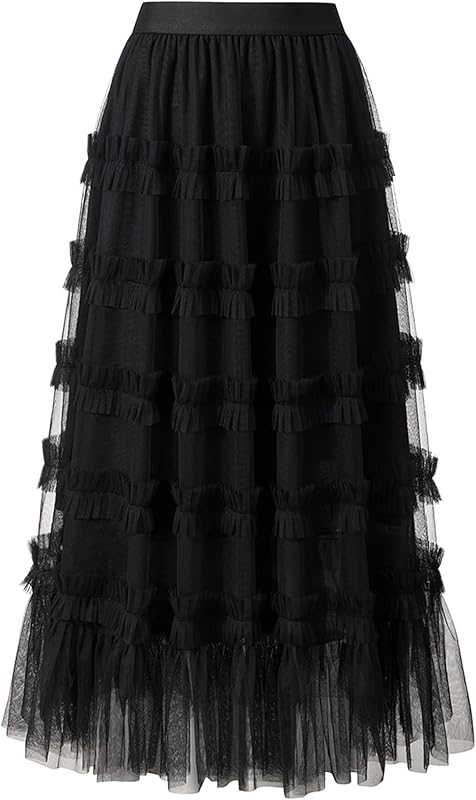 Tulle Skirts for Women Long Length Tutu Fairy Tiered Skirt A Line Mesh Elastic Waist Skirts