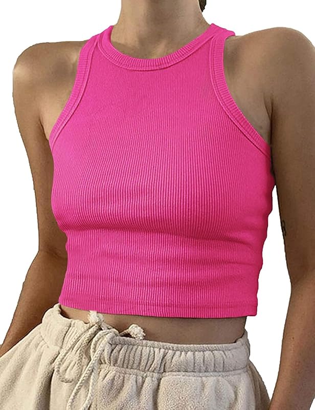 Artfish Women Casual Basic Sleeveless High Neck Rib-Knit Y2k Crop Tank Top
