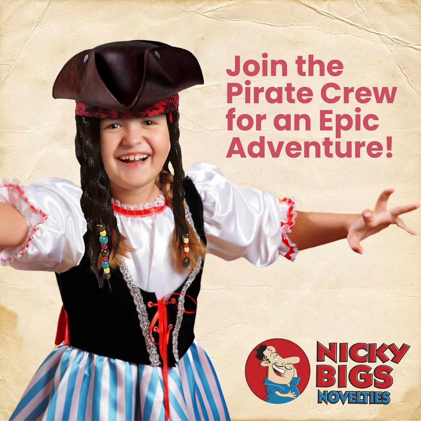 Nicky Bigs Novelties - Kids Pirate Hat with Dreadlocks and Red Band with Floral Filigree - Buccaneer Wig for Girls and Boys Costume, Caribbean Pirate Tricorn Hat Accessory, Brown