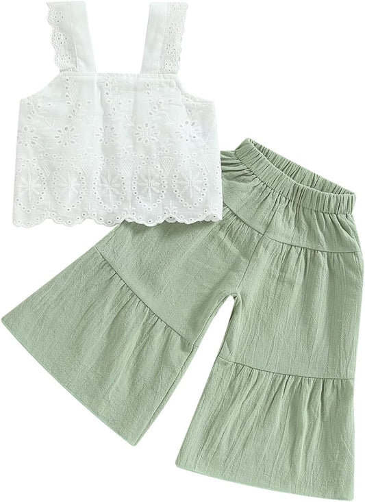 2PCS Baby Girl Sleeveless Strap Lace Crop Vest Tops + Flared Wide-Leg Pants Toddler Summer Outfits Set Clothes