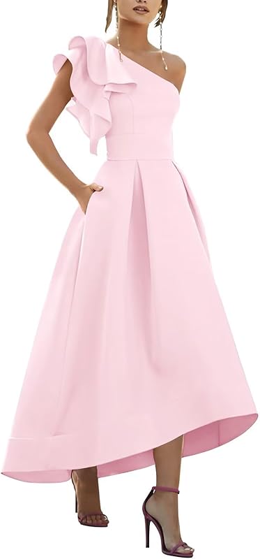 One Shoulder Satin Mother of Bride Dresses 2025 High-Low Ruffle Formal Evening Party Gowns