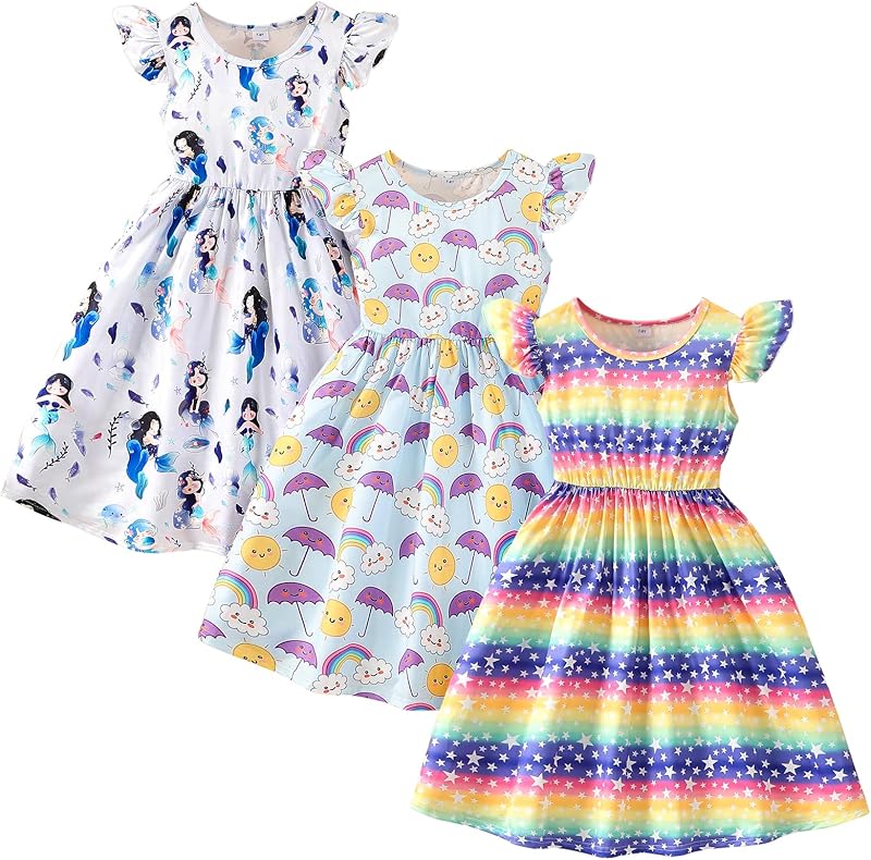 Toddler Little Girls Casual Dresses Short Sleeve Crew Neck Graphic Cartoon Dress for 2-8 Years
