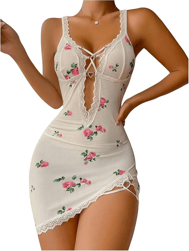 SHENHE Women's Ribbed Deep V Neck Floral Print Lace Trim Sexy Nightgown Chemise Slip Dress