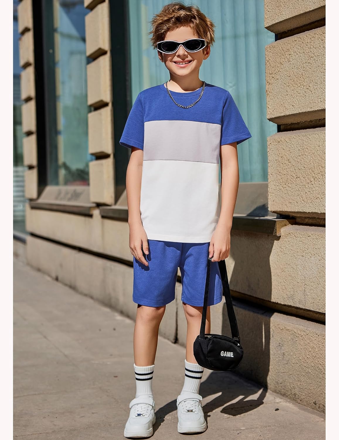 Arshiner Boys' 2-Piece Cotton Outfit Color Block T-Shirt and Shorts Set Casual Summer Clothes for Kids 6-14 Years