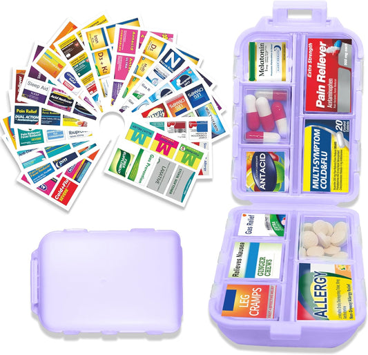 Pill Organizer with Medicine Labels 146 Labels Travel Daily Pill Container Mini Medication Organizer Storage Pill Organizer Travel Essentials Pill Case 7 Day (Purple, 1 Pack(Large))