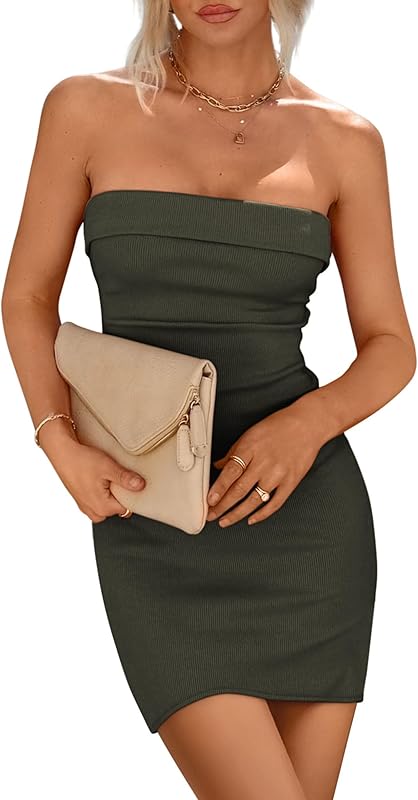 PRETTYGARDEN Summer Dresses for Women 2025 Strapless Off Shoulder Ribbed Knit Bodycon Elegant Classy Trendy Mini Beach Dress