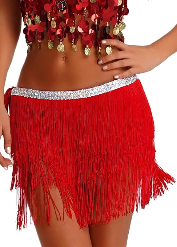 Women Belly Dance Skirt Tassel Fringe Skirts Sparkly Sequin Hip Scarf Party Costume