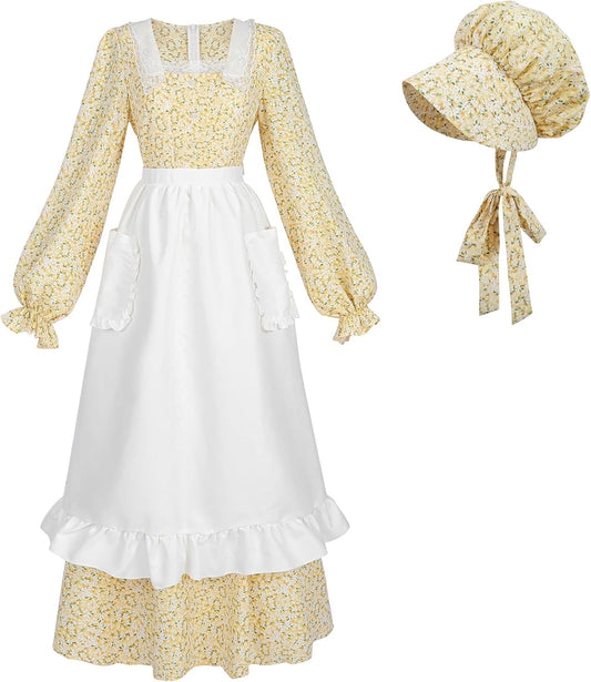 NSPSTT Prairie Dress Women Pioneer Colonial Costume Floral Dresses 3pcs Set