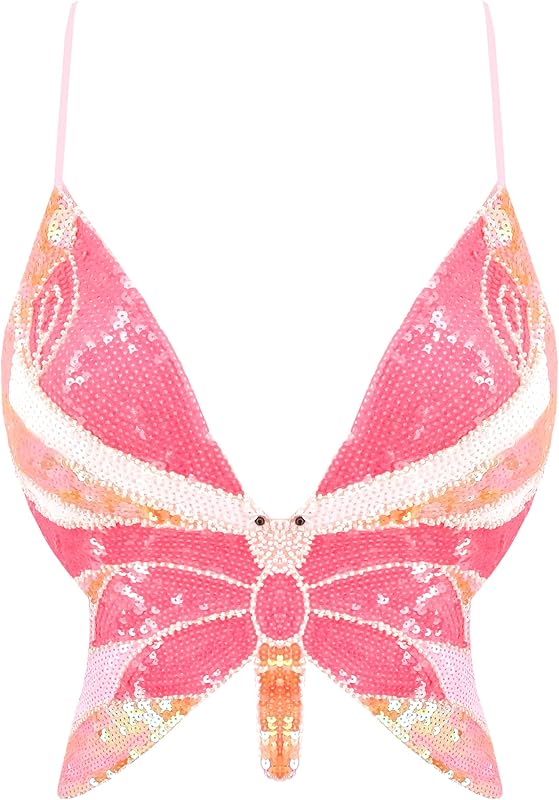 Mocure Womens Glitter Sequin Butterfly Crop Top Low-Cut Tank Top Rave Tube Vest Top for Belly Dance Costume Outfits