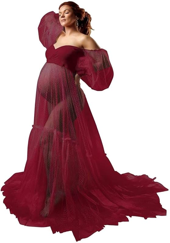 Off Shoulder Tulle Maternity Dress for Photoshoot Puffy Sleeve Wedding Bridal Pregnancy Robe Baby Shower Photography