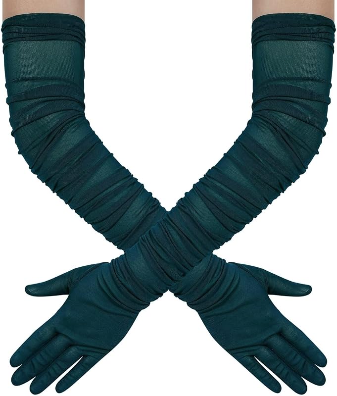Hazhlko Women's Super Long Stretchy Ruched Mesh Tulle Sheer Gloves Costume Opera Party 1920's Dance Gloves