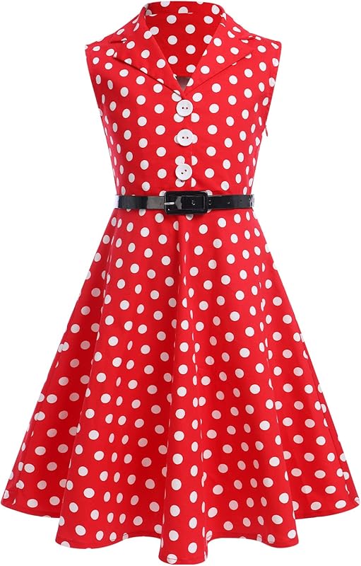 Kids Girls 50s Audrey Vintage Polka Dot Swing Party Rockabilly Dress Retro Peter Pan Doll Collar Wedding Casual Skater Dress