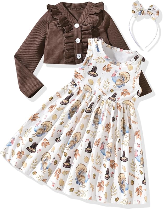 HINTINA Toddler Little Girls Dress And Cardigan Sets 2 Piece Floral Print Sleeveless Dress and Long Sleeve Cardigan Set