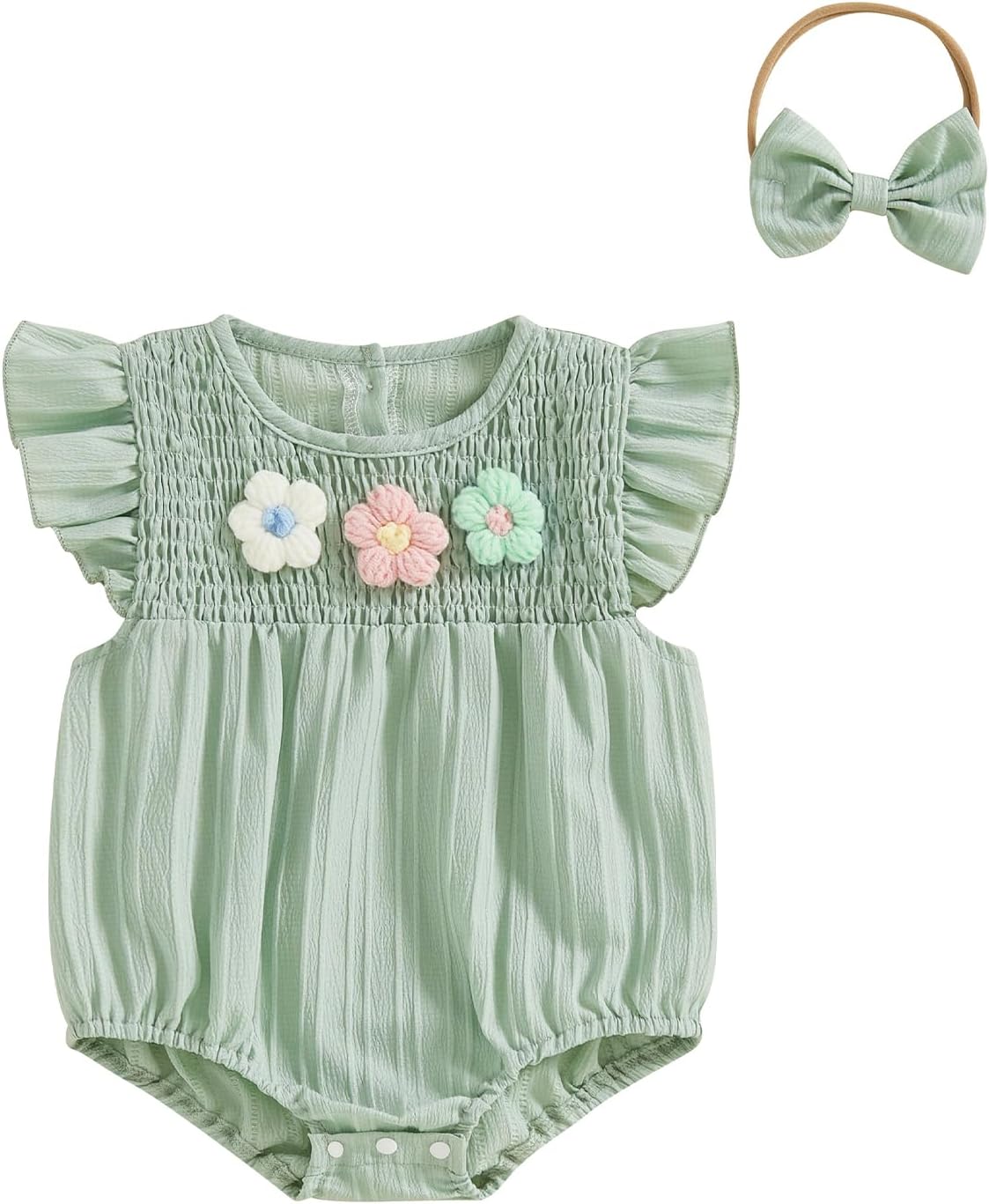 Newborn Baby Girl Outfits Cute 3D Knit Floral Summer Clothes Infant Fly Sleeve Bubble Romper Headband Clothing