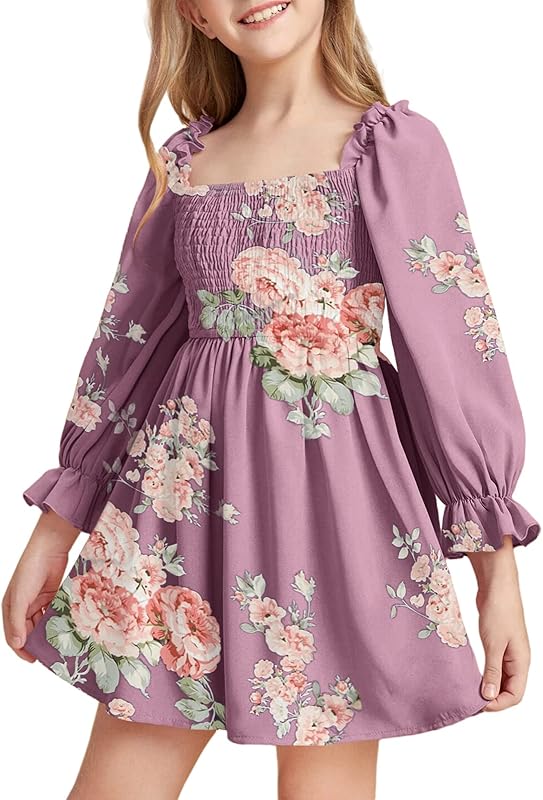 Little Girls Kids Summer Chiffon Ruffle Mini Dress Square Neck Lantern Sleeve Short Dress Tulle Smocked