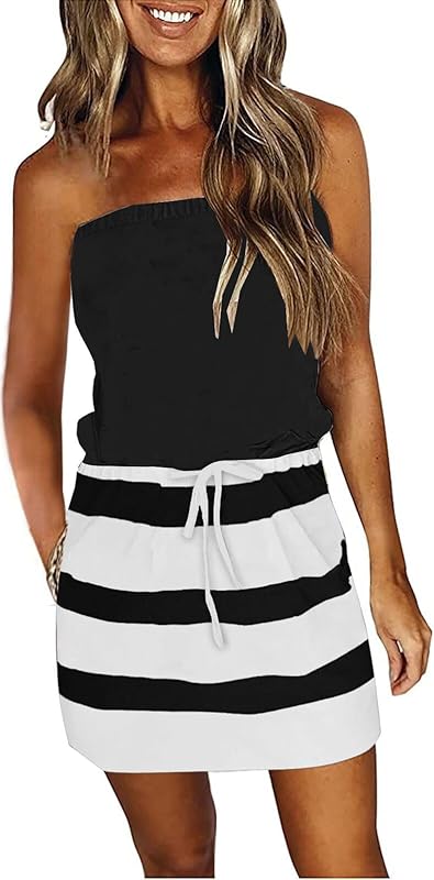 SAUKOLE Summer Dress for Women Strapless Beach Cover Ups Boho Sundress Mini Dress Drawstring Waist with Pockets