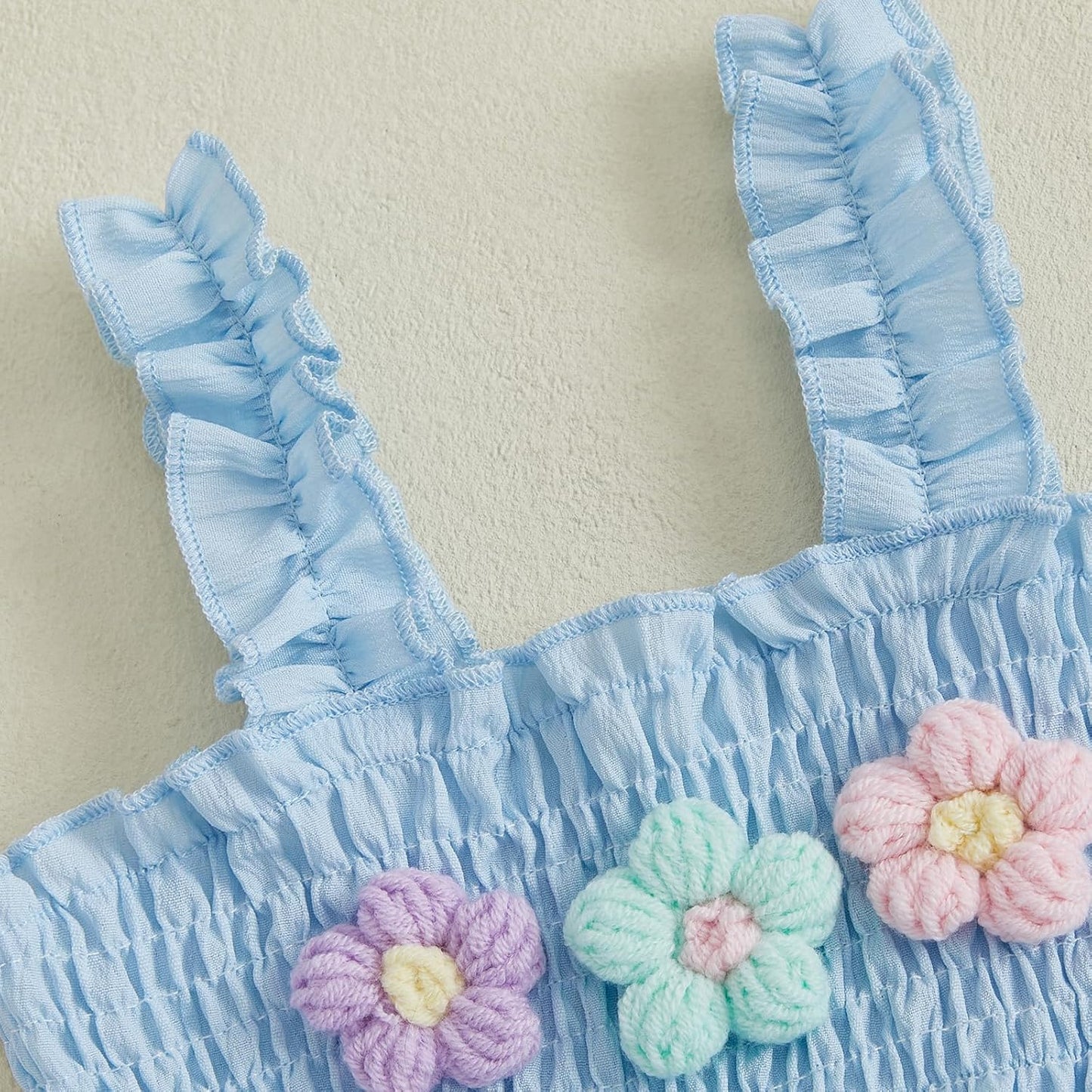 Toddler Baby Girl Summer Outfit 3D Flower Embroidery Smocked Sleeveless Tops Elastic Waist Shorts 2Pcs Clothes Set