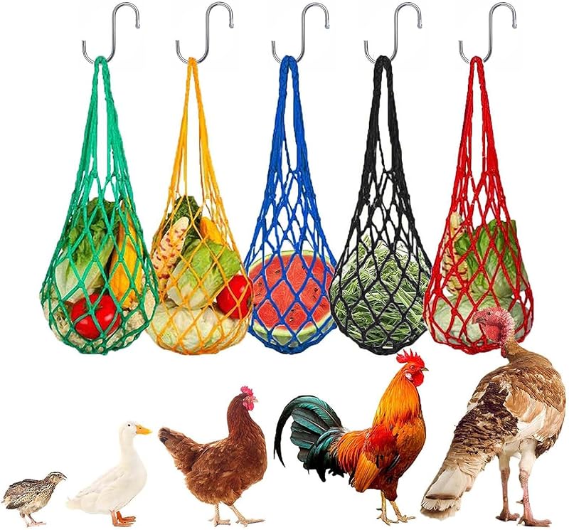 Chicken Vegetable Hanging Feeder, Chicken Vegetable String Bag, Poultry Fruit Holder Chicken Cabbage Feeder Treat Feeding Tool with S Hook for Hens Chicken Coop Toy for Hen Duck Accessories