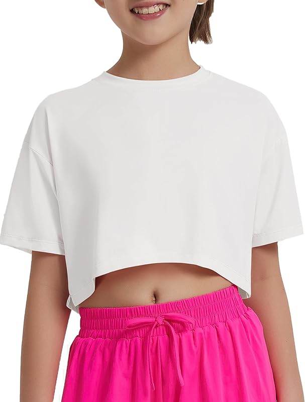 EXARUS Girls Athletic Shirts Short Sleeve Crop Tops/Split Back Quick Dry T Shirt Workout Summer Casual Kids 6-14Y