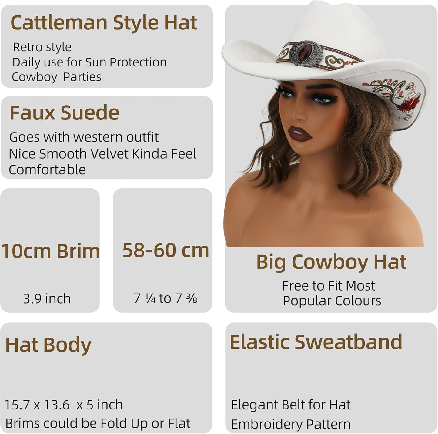 Western Cowboy Hat for Men and Women, Shapeable Big Wide Brim Cowgirl Hat with Embroidery