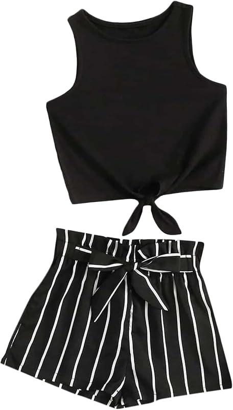 OYOANGLE Girl's 2 Piece Outfits Summer Tie Knot Tank Top and Paperbag Waist Striped Shorts Set