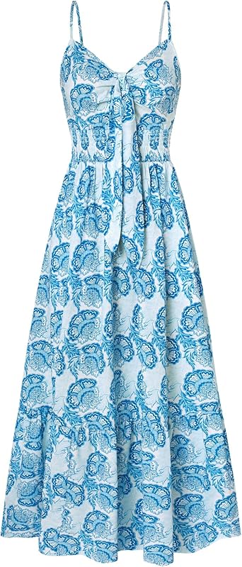 GRACE KARIN Women's 2025 Summer Maxi Dress Floral Tie Front Spaghetti Strap Casual Boho Beach Flowy Sundress with Pockets