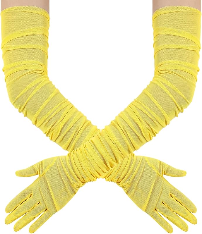 Hazhlko Women's Super Long Stretchy Ruched Mesh Tulle Sheer Gloves Costume Opera Party 1920's Dance Gloves