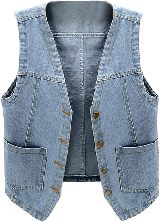 Womens Sleeveless Denim Vest V Neck Button Down Jean Waistcoat Y2K Casual Trendy Loose Fit Lightweight Jackets with Pockets