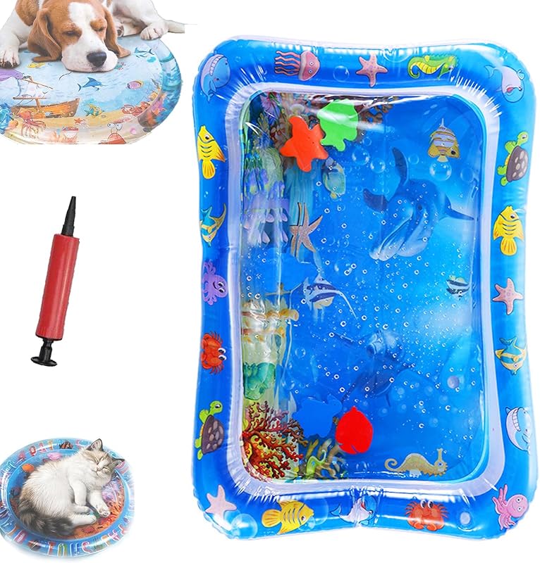 Pet Water Bed, Thickened Water Sensory Play Mat for Cats Dog, Waterbed Toy with Fish, Washable Inflatable Playmat, Puncture Proof Cooling Mat for Pet, Feel Cool Comfort (Large Round Model C)